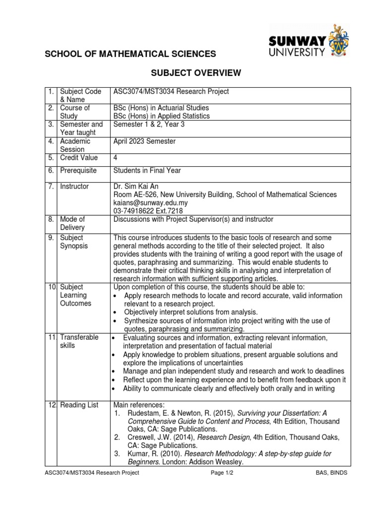Research Project Overview for ASC3074/MST3034 | PDF | Information | Thesis
