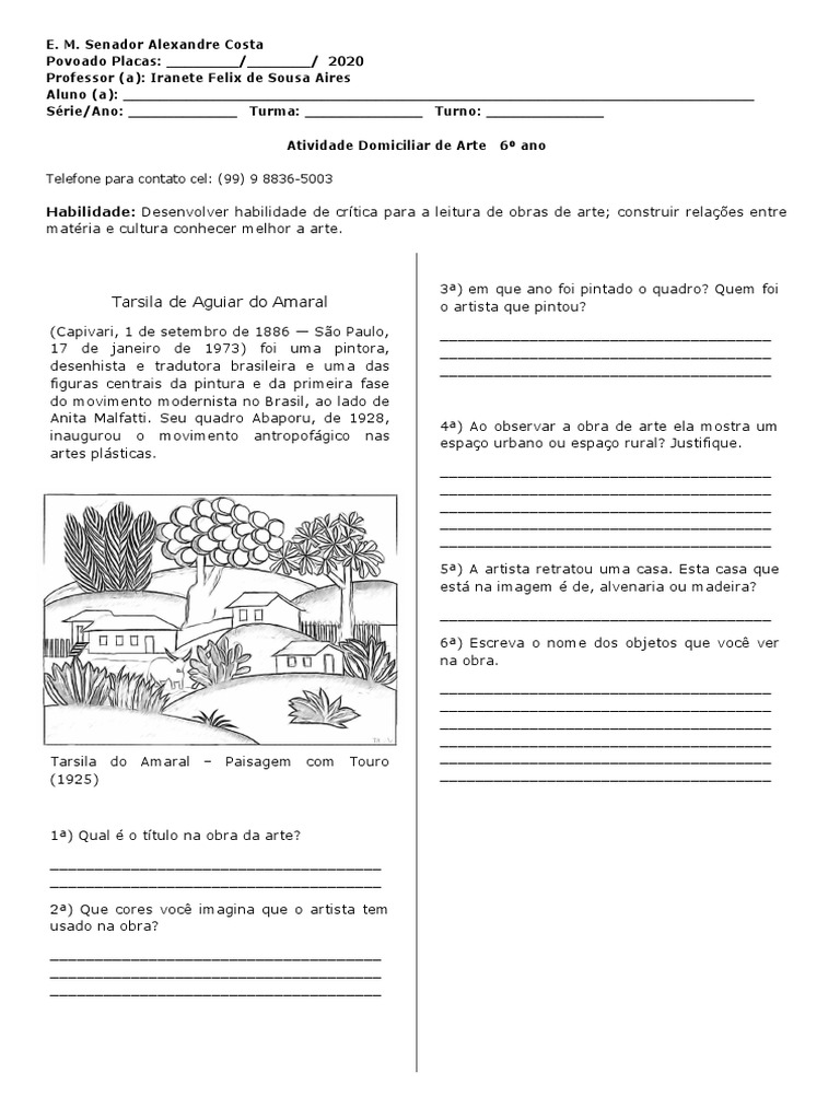 ATIVIDADE DE ARTE 6 ANO | PDF | Artes Plásticas | As artes