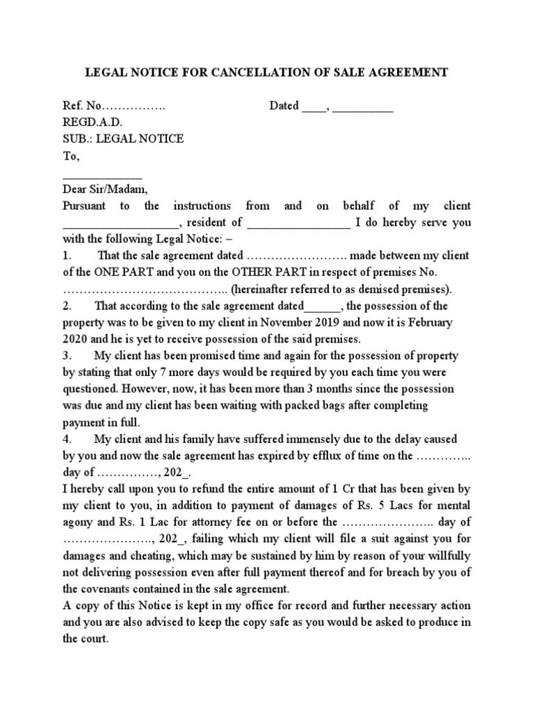 Legal Notice for Sale Agreement Cancellation | PDF