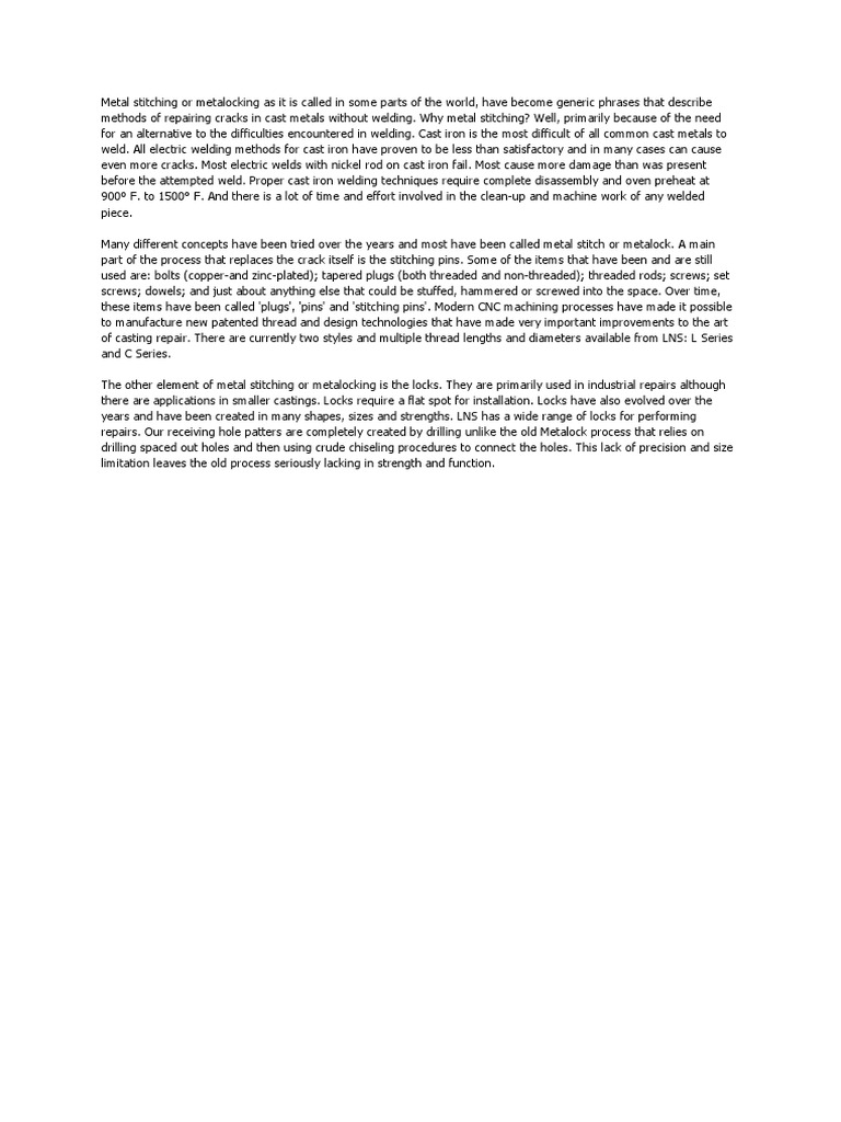 Metal Stitching for Cast Iron Repairs | PDF | Technology & Engineering