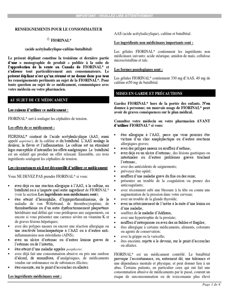 Renseignements sur FIORINAL* pour consommateurs | PDF | Aspirine ...
