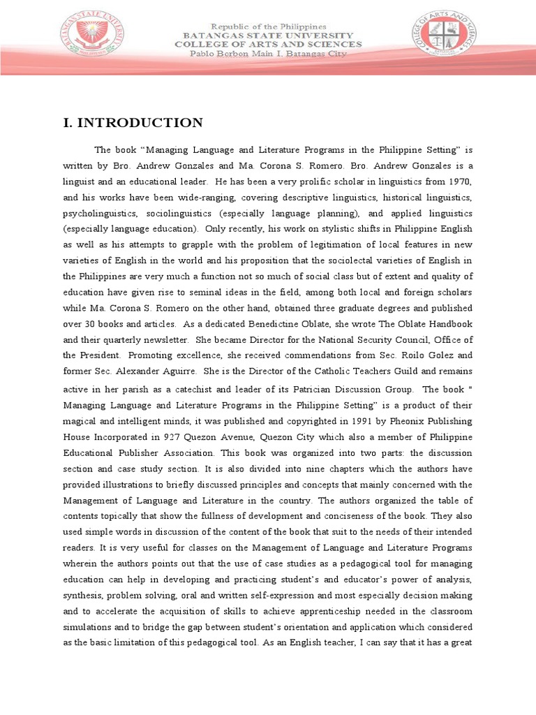 Book Analysis (Managing Language and Literature Program in Philippine ...