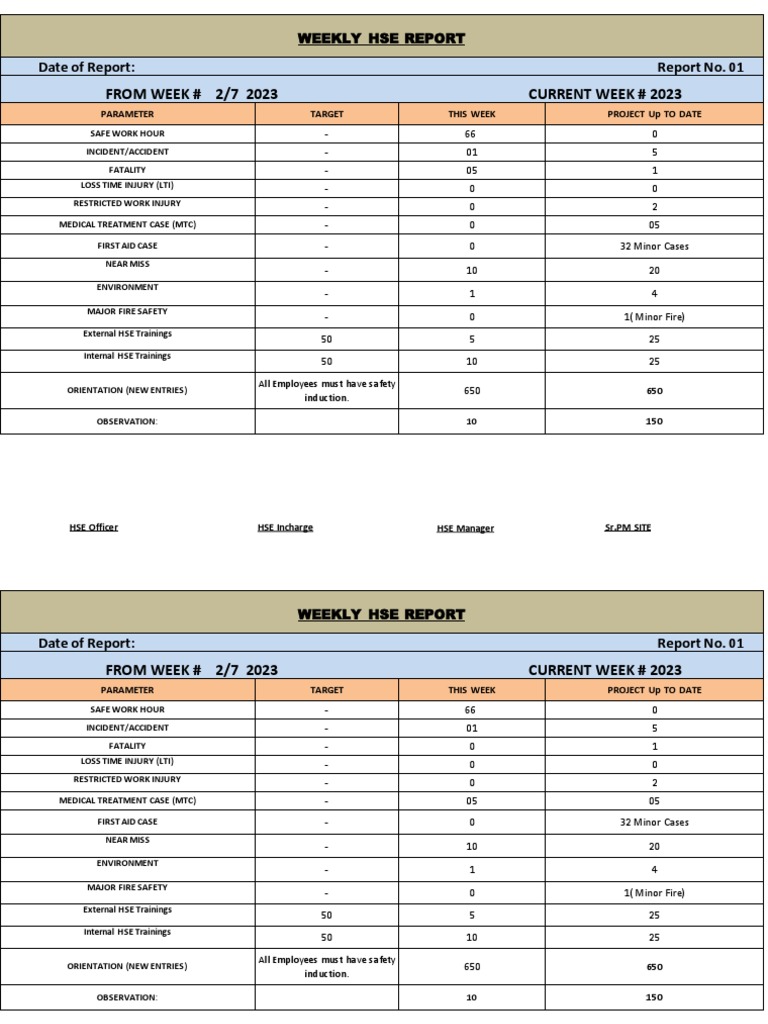 Weekly HSE Performance Report | PDF | Pain | Injury