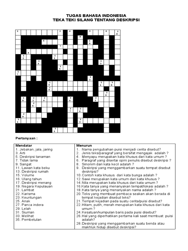 Tugas Bahasa Indonesia Teka Teki Silang Tentang Deskripsi: Pertanyaan