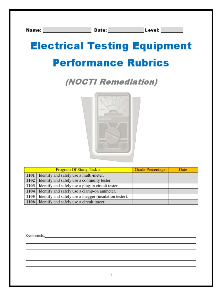 Electrical Testing Equipment Performance Rubrics: (NOCTI Remediation ...