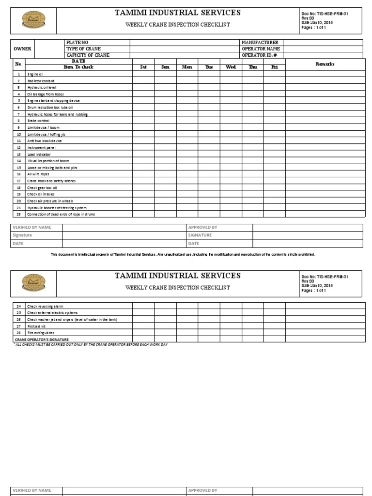 Tis-Hse FRM-31 Crane-Checklist-Weekly | PDF | Crane (Machine ...