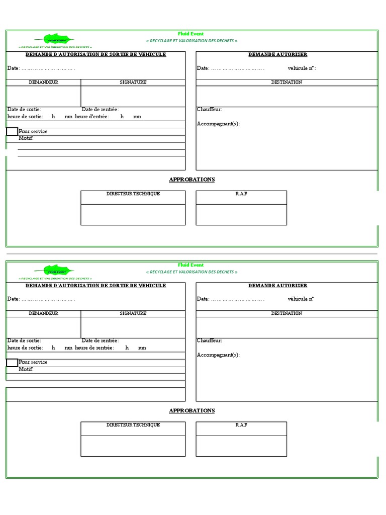 Demande D'Autorisation de Sortie de Vehicule Demande Autoriser