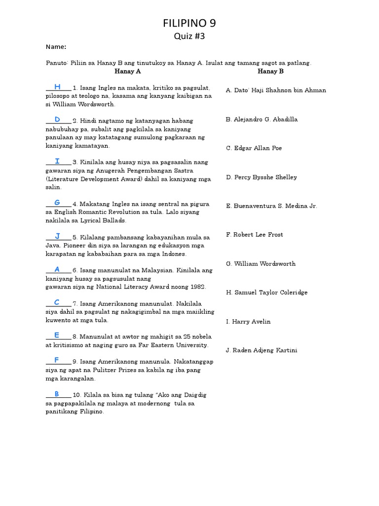 FILIPINO 9 Quiz #3 | PDF