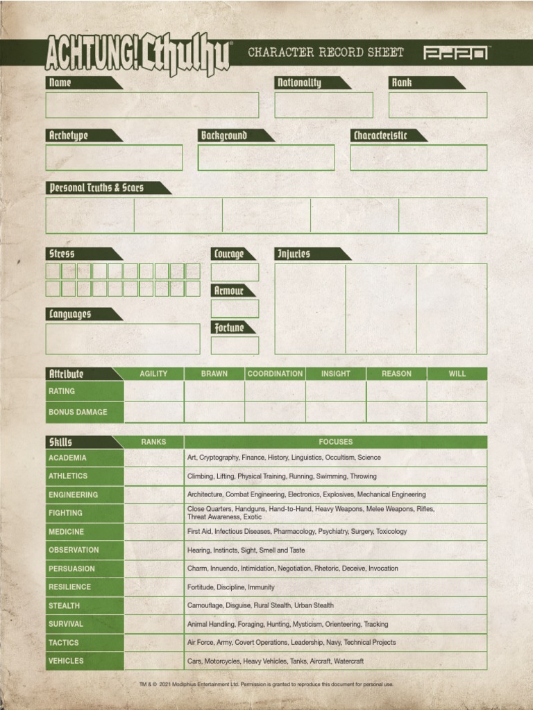 Achtung! Cthulhu Form Fillable Character Sheet V 5 | PDF | Tanks ...