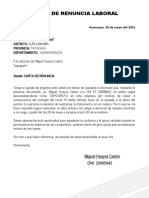 Carta de Renuncia Laboral: Huancayo, 28 de Mayo Del 2021