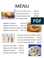 Restaurant menu with chicken chops, pasta dishes and milkshakes under RM13