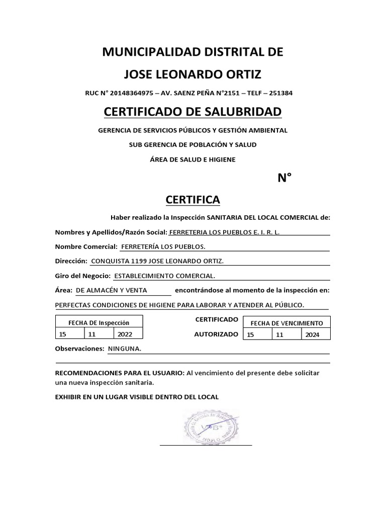 Certificado de Salubridad ..... | PDF