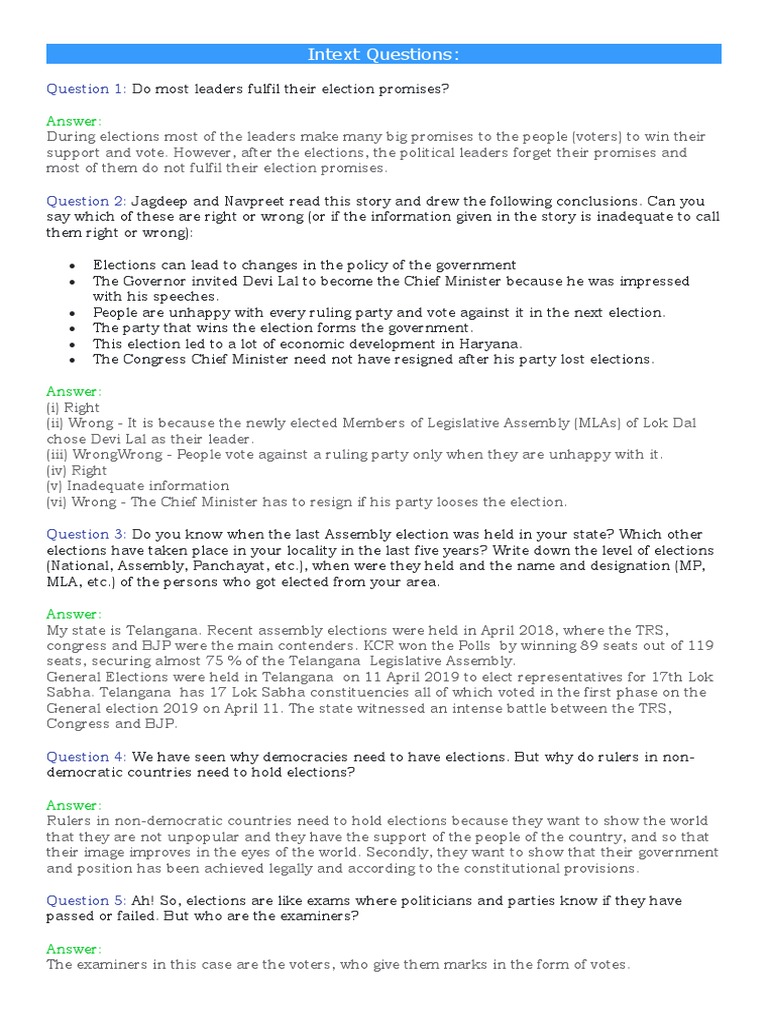 Electoral Politics - Intext Questions | PDF | Elections | Electoral ...