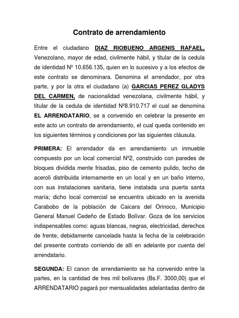 Contrato de arrendamiento Alquiler Venezuela