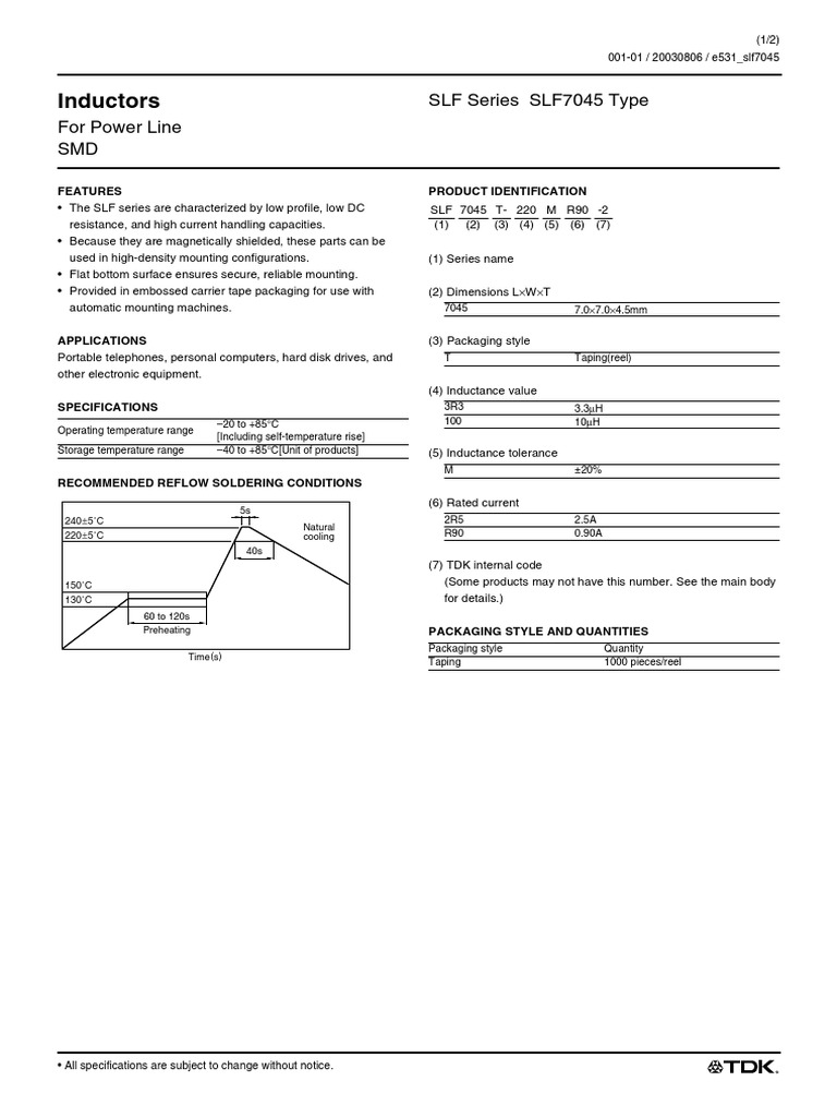 SLF7045 | PDF | Inductance | Inductor
