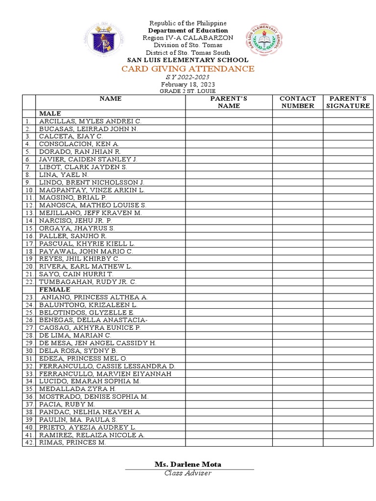 Grade 2 Card Giving Attendance 2023 | PDF