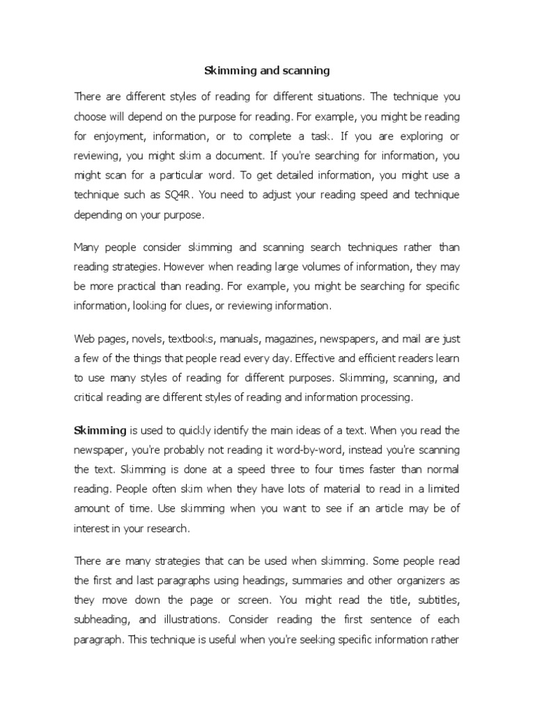 Skimming and Scanning PDF Speed Reading Writing