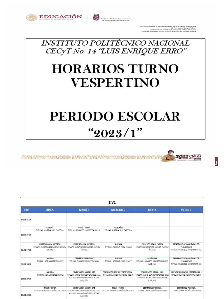 Horarios Turno Vespertino 2023/1 | PDF