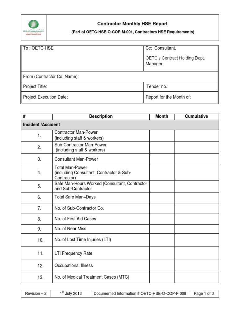 OETC-HSE-O-COP-F-009 Contractor Monthly HSE Report | PDF