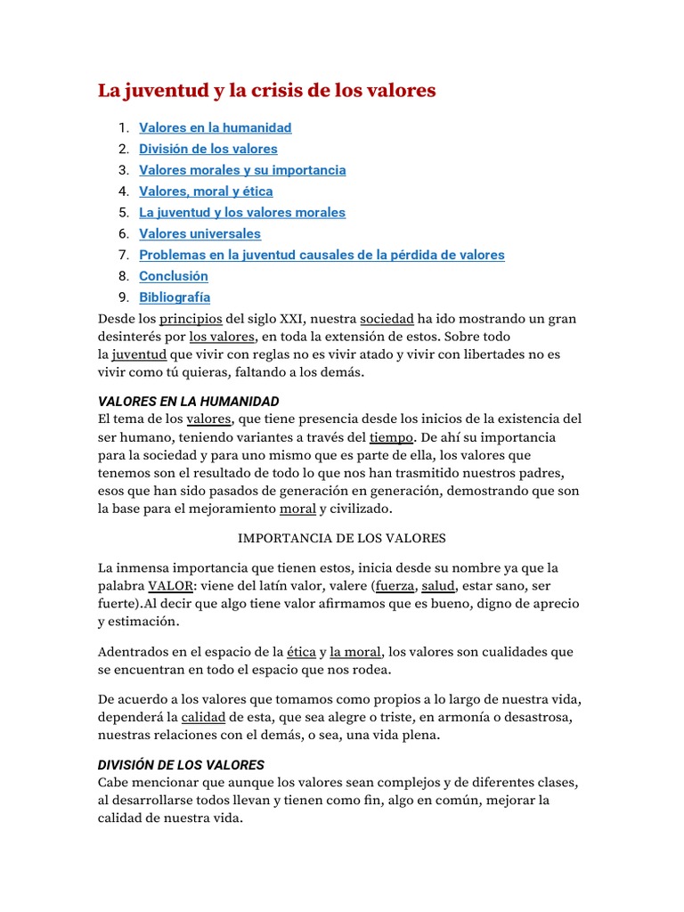 Crisis de valores en la juventud actual | PDF | Juventud | La ...