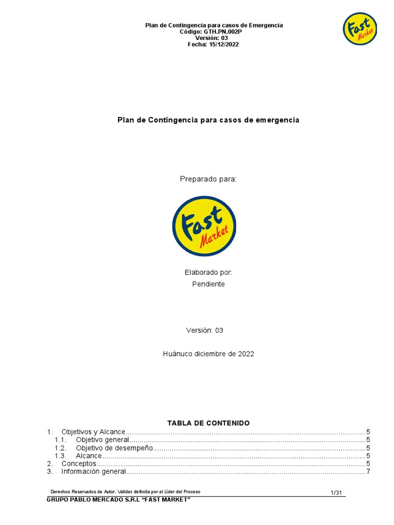 Plan de Contingencia para Emergencias | PDF | Riesgo | Emergencia