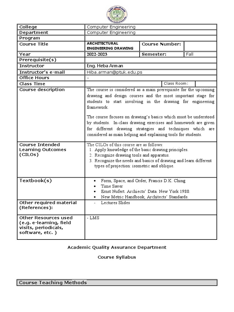 Architectural engineering drawing a course syllabus pdf teaching