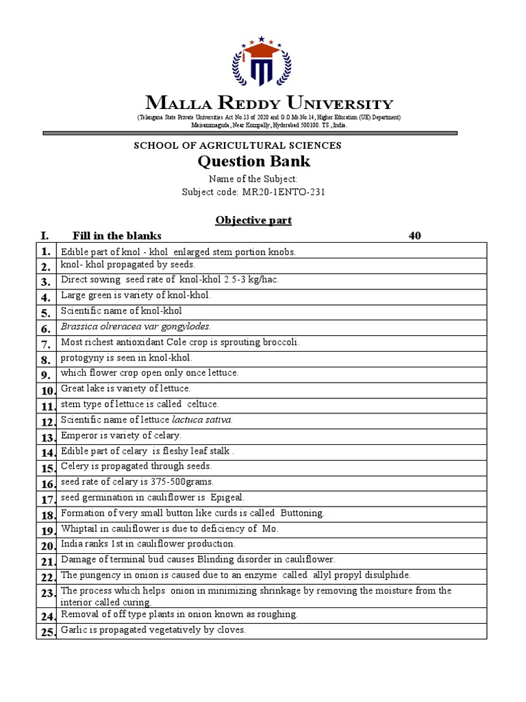 Vegetable Science MCQ Question Bank | PDF | Cabbage | Cauliflower