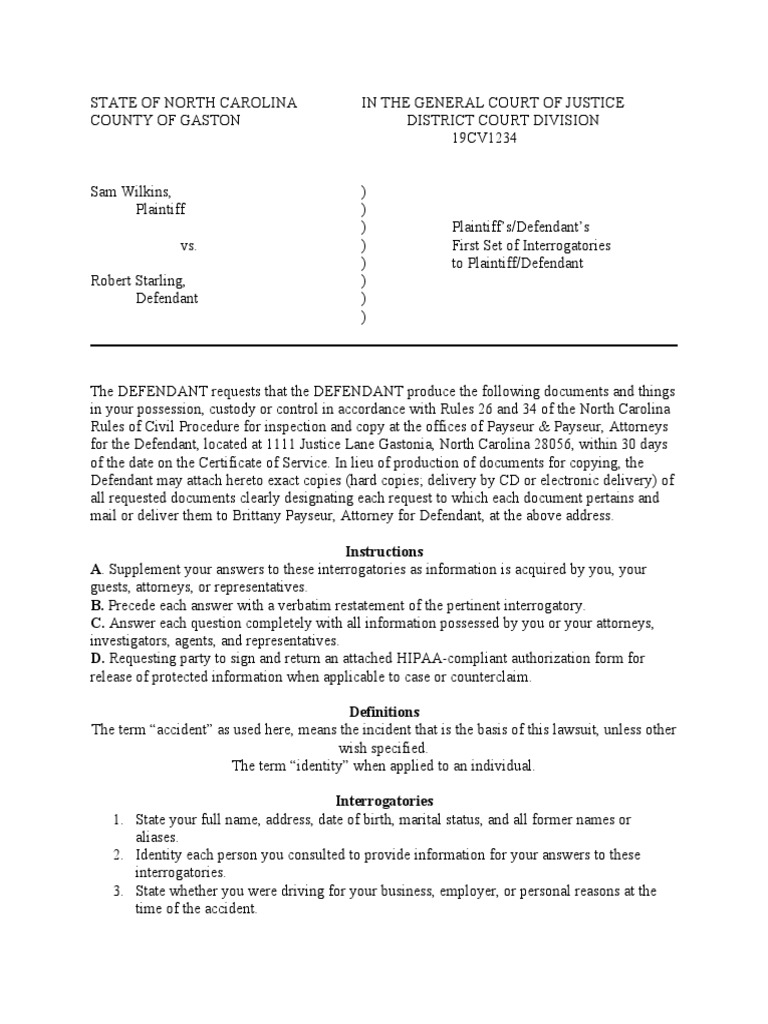 Defendant's Interrogatories in NC Case | PDF | Interrogatories | Justice