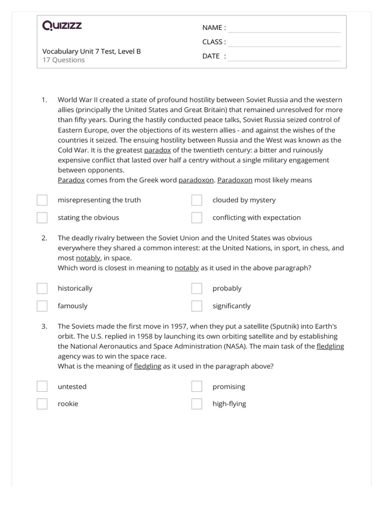 Vocabulary Unit 7 Test, Level B PDF