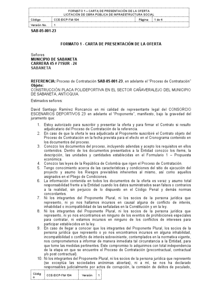 Formato 1 carta de presentaci n de la oferta cce eicp fm 104 pdf