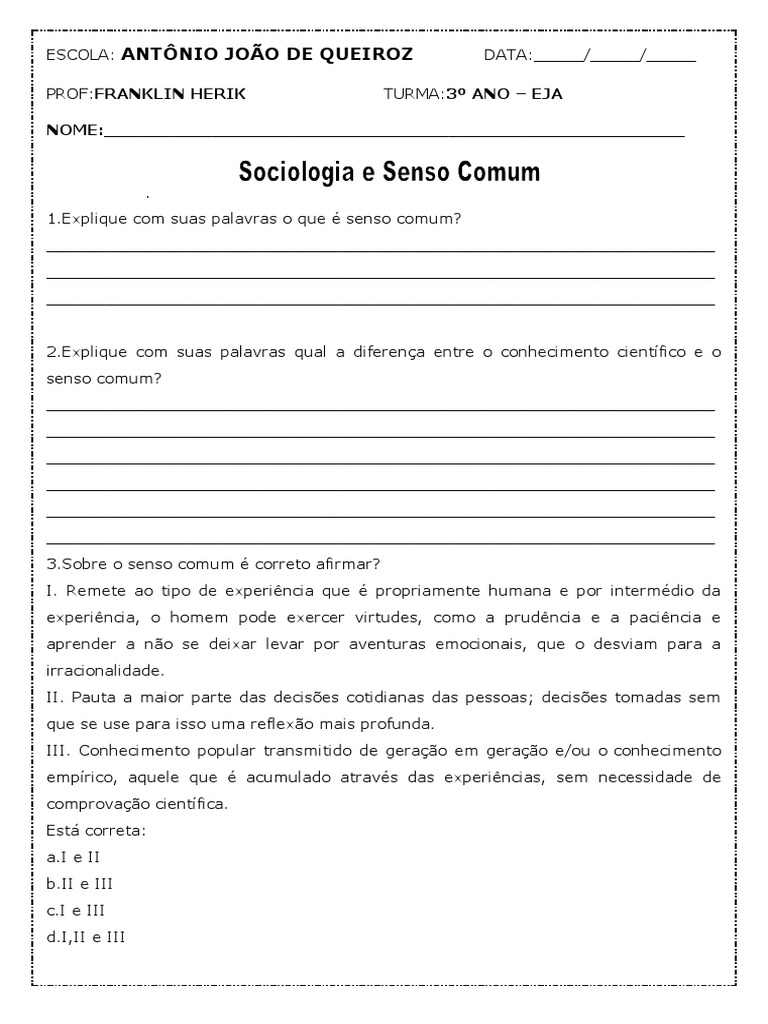Atividades sobre Senso Comum e Sociologia | PDF | Conhecimento | Bom senso