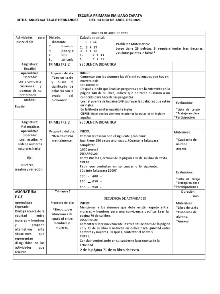Actividades Educativas del 24 al 28 Abr 2023 | PDF