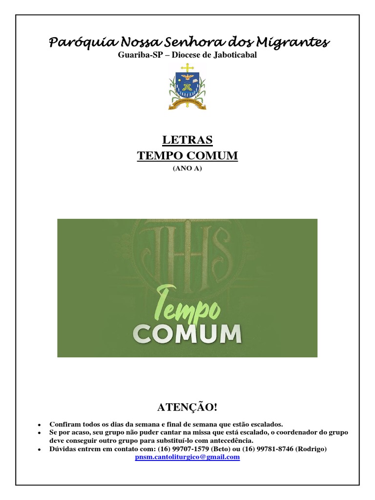 Paróquia Nossa Senhora Dos Migrantes Letras Tempo Comum PDF Santo Misericórdia