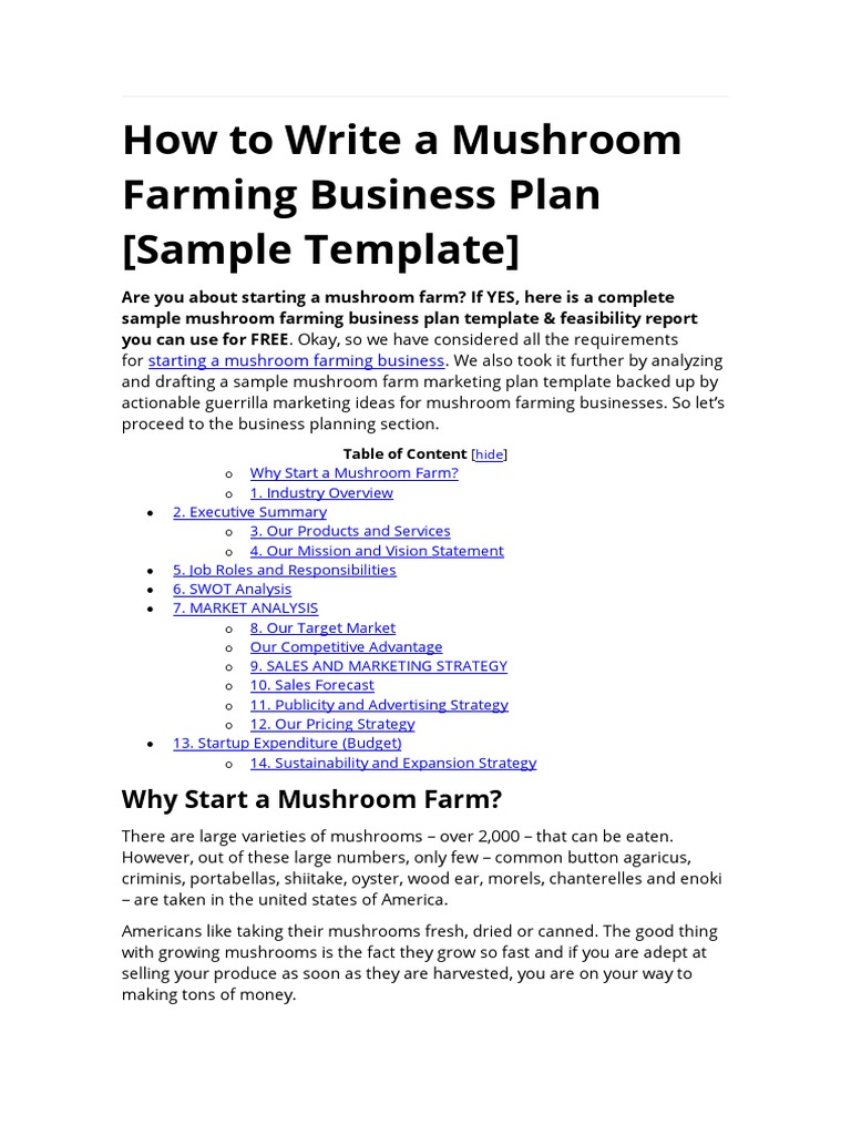 mushroom farming business plan template pdf