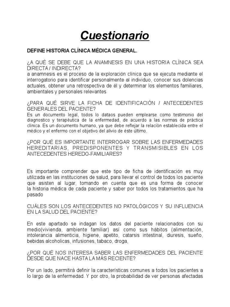 Cuestionario Define Historia Clínica Médica General PDF Piel