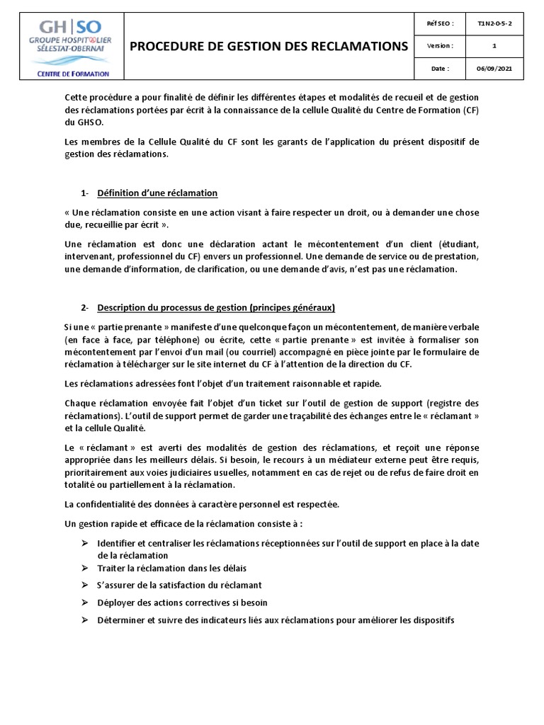 Procédure de Gestion des Réclamations Clients | PDF | Partie prenante