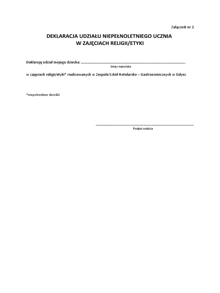 Deklaracja Udziału Niepełnoletniego Ucznia W Zajęciach Religii/Etyki | PDF