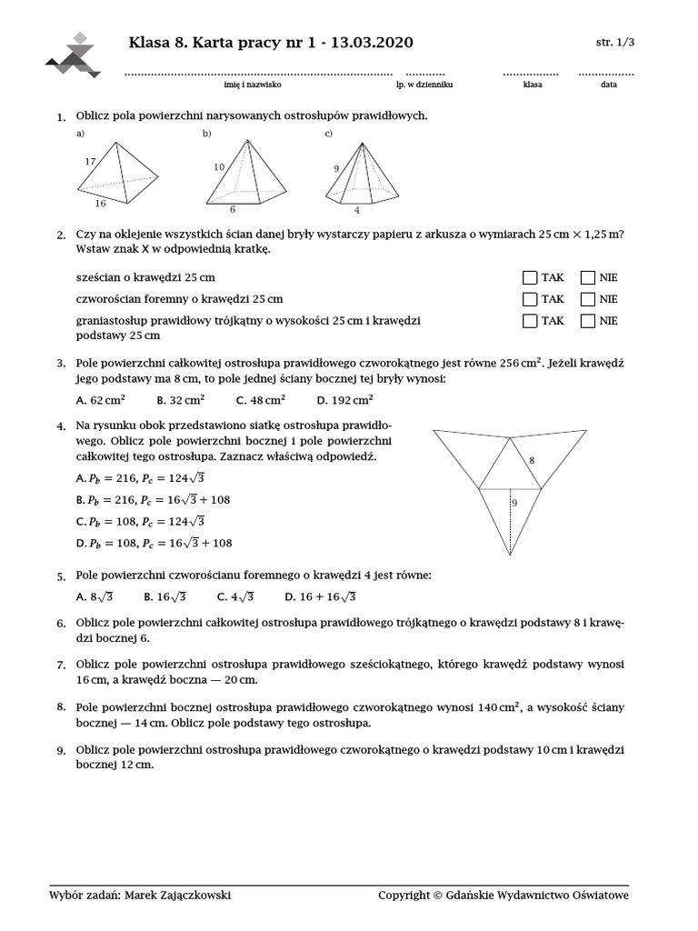 Graniastosłupy I Ostrosłupy Sprawdzian Klasa 8 Pdf Gwo Karta NR 1 Klasa 8 Ostrosłupy | PDF