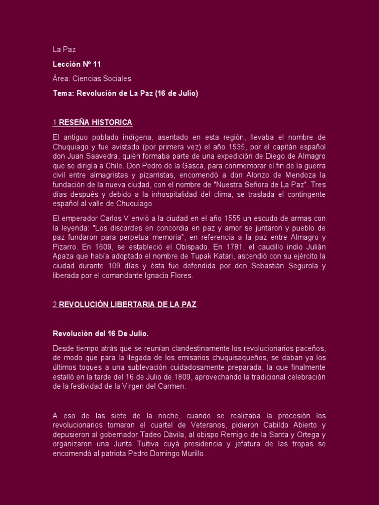 Revolución De La Paz 16 De Julio Pdf Colonización Española De Las