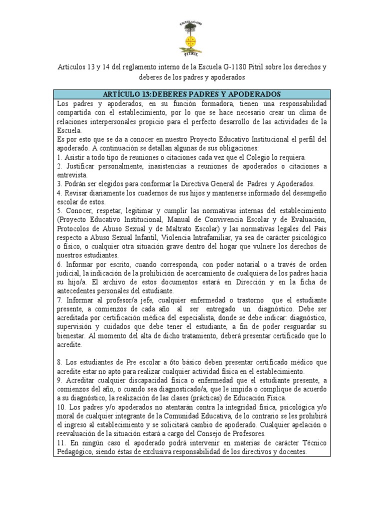Artículos 13 y 14 Del Reglamento Interno de La Escuela G | PDF | Abuso ...