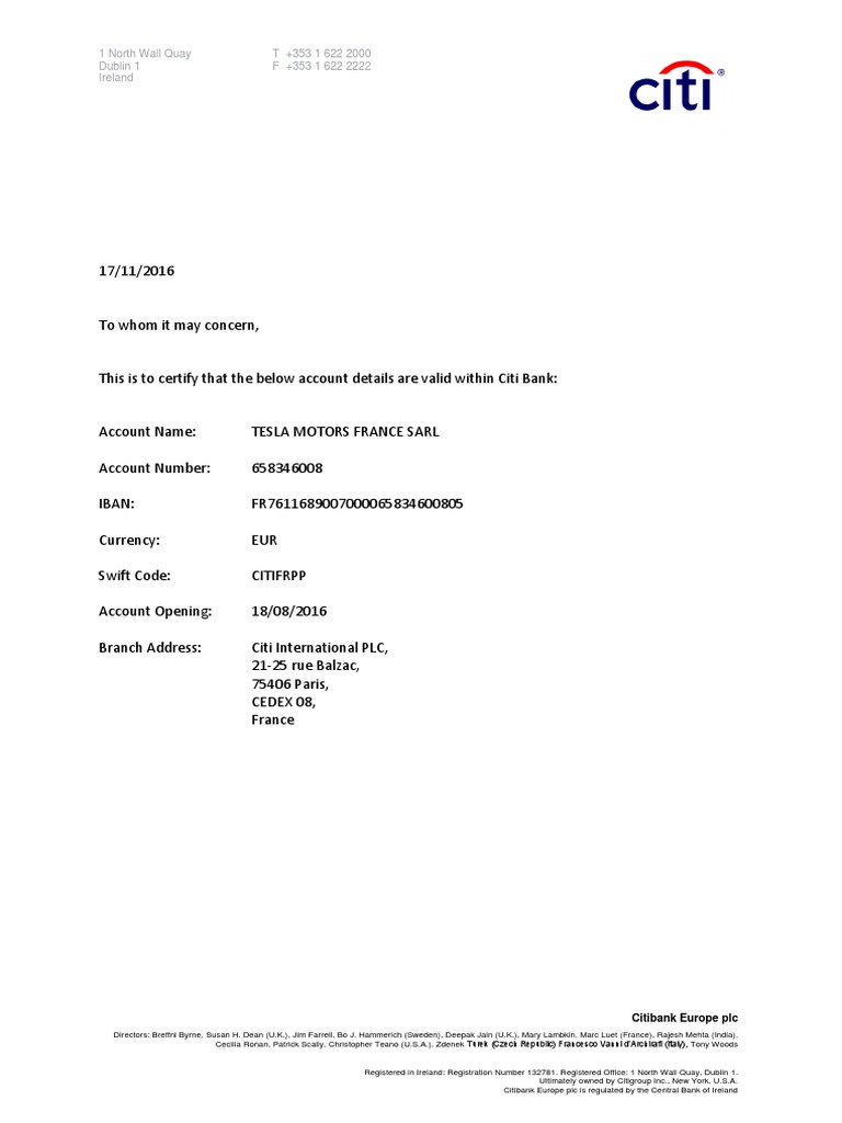 Citibank Account Details for Tesla France | PDF