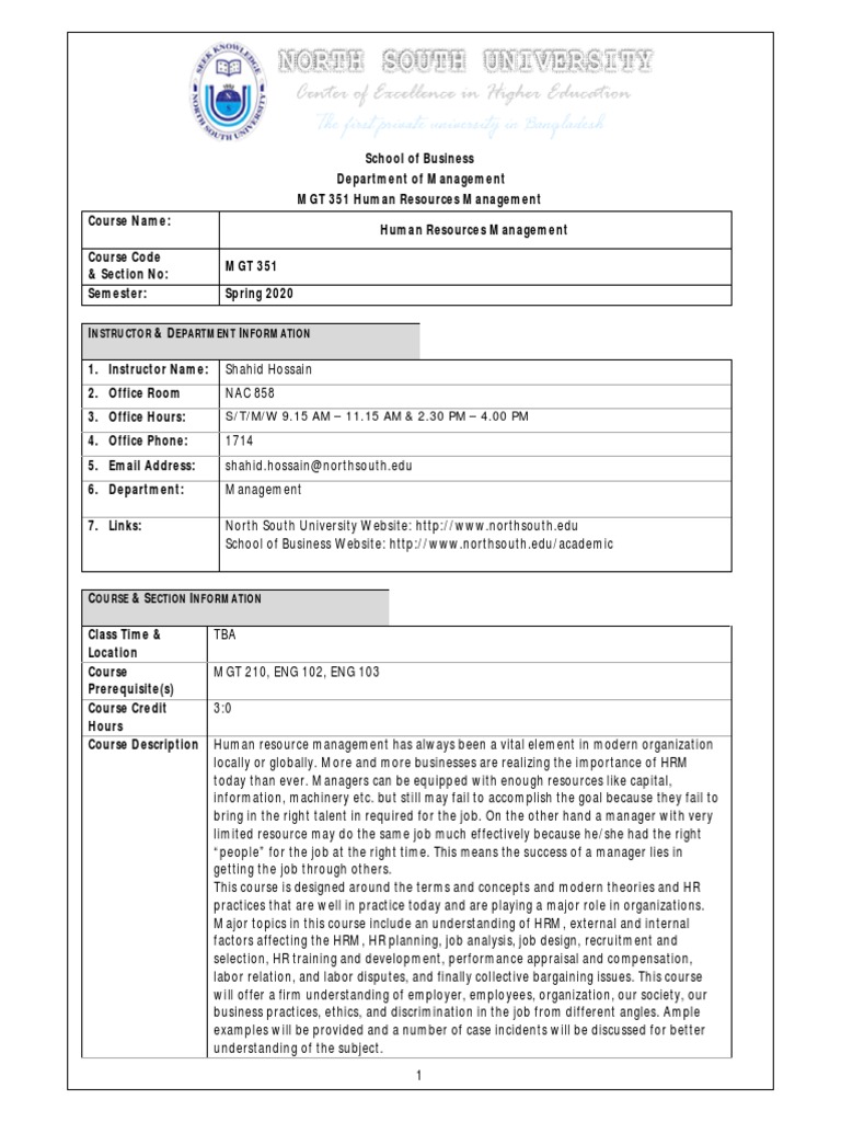 MGT 351 HR Management Course Outline | PDF | Human Resource Management ...