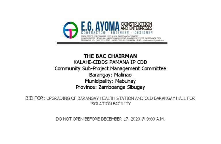 Bid for Health Station Upgrade in Malinao | PDF
