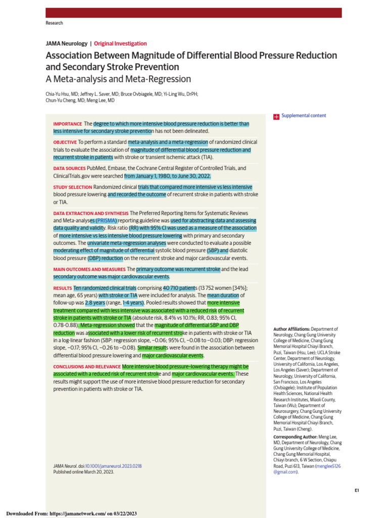 Association Between Magnitude of Differential Blood Pressure Reduction