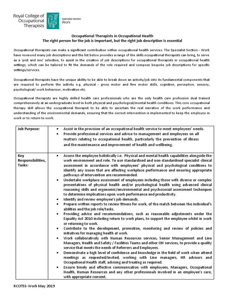 Job Description - OTs in OH RCOT SS Work May 2019 | PDF | Occupational ...