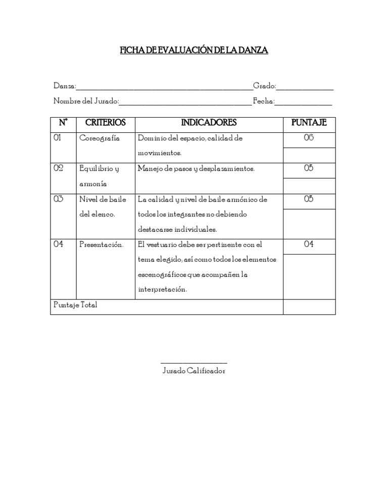 Ficha de Evaluación de La Danza | PDF