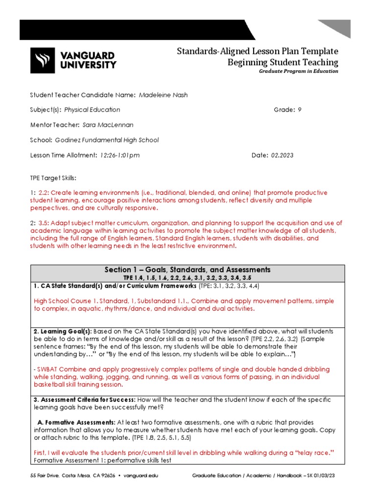 Standards-Aligned PE Lesson Plan | PDF | Lesson Plan | Cognitive Science
