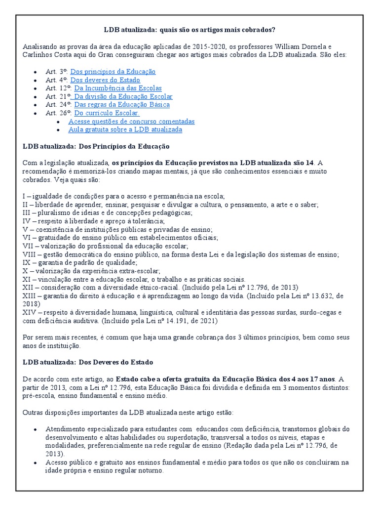 Resumo Da Ldb Atualizada Pdf Pré Escola Pedagogia