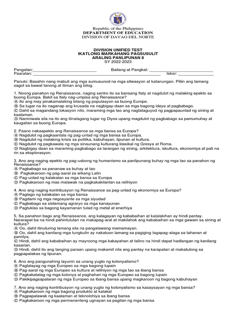AP8 - Revised Test Items | PDF