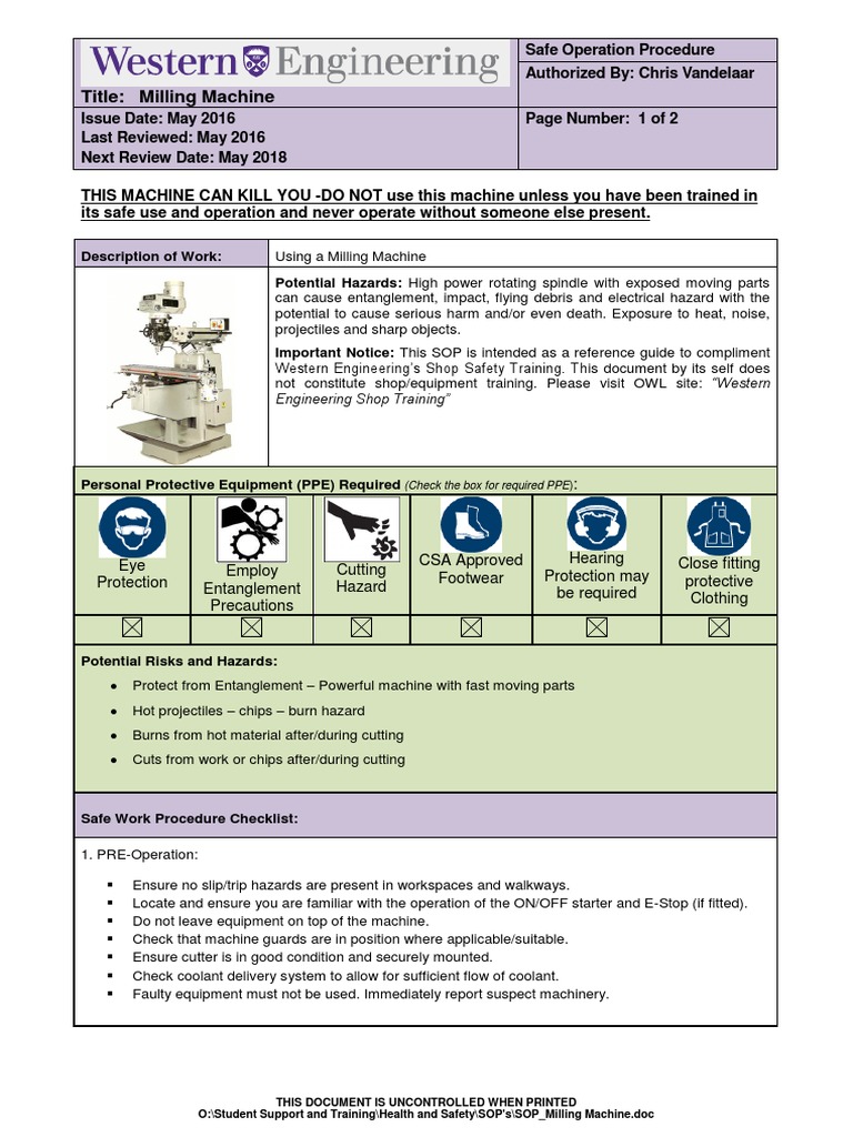 SOP Milling PDF Personal Protective Equipment Workplace